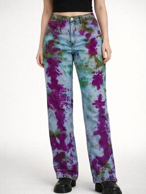 Vintage Wrangler Custom Tie Dye Jeans Grunge Festival Magenta Green Sz 30x32